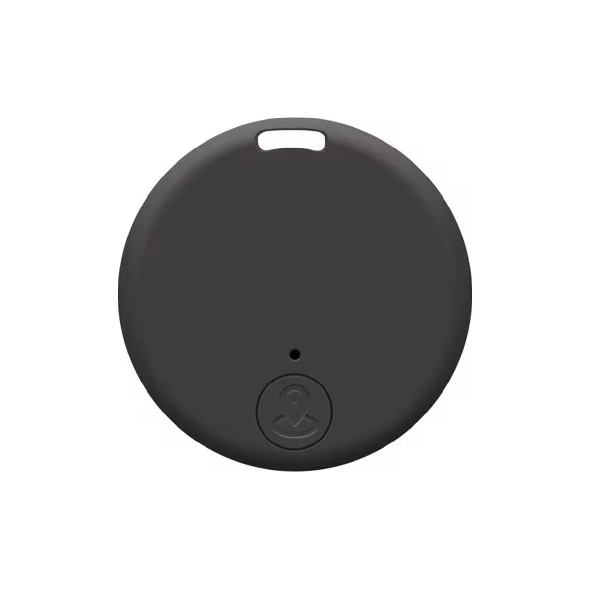 The Mini Bluetooth GPS Tracker - Smart Locator for Pets & Kids is a small, round black device with a matte finish and a small hole near the top. Below it, theres an embossed antenna-like icon. It provides real-time location tracking with its smooth, minimalist surface.
