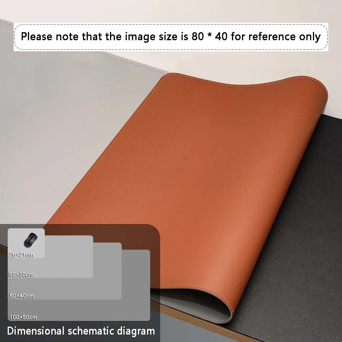 A rolled-up brown leather document sits on a two-tone desk with the AIPHY Large PU Leather Mouse Pad beneath, partially covering a black surface. The transparent desk pad doubles as a stylish waterproof mat. An inset shows a size comparison chart to help you choose the perfect dimensions.