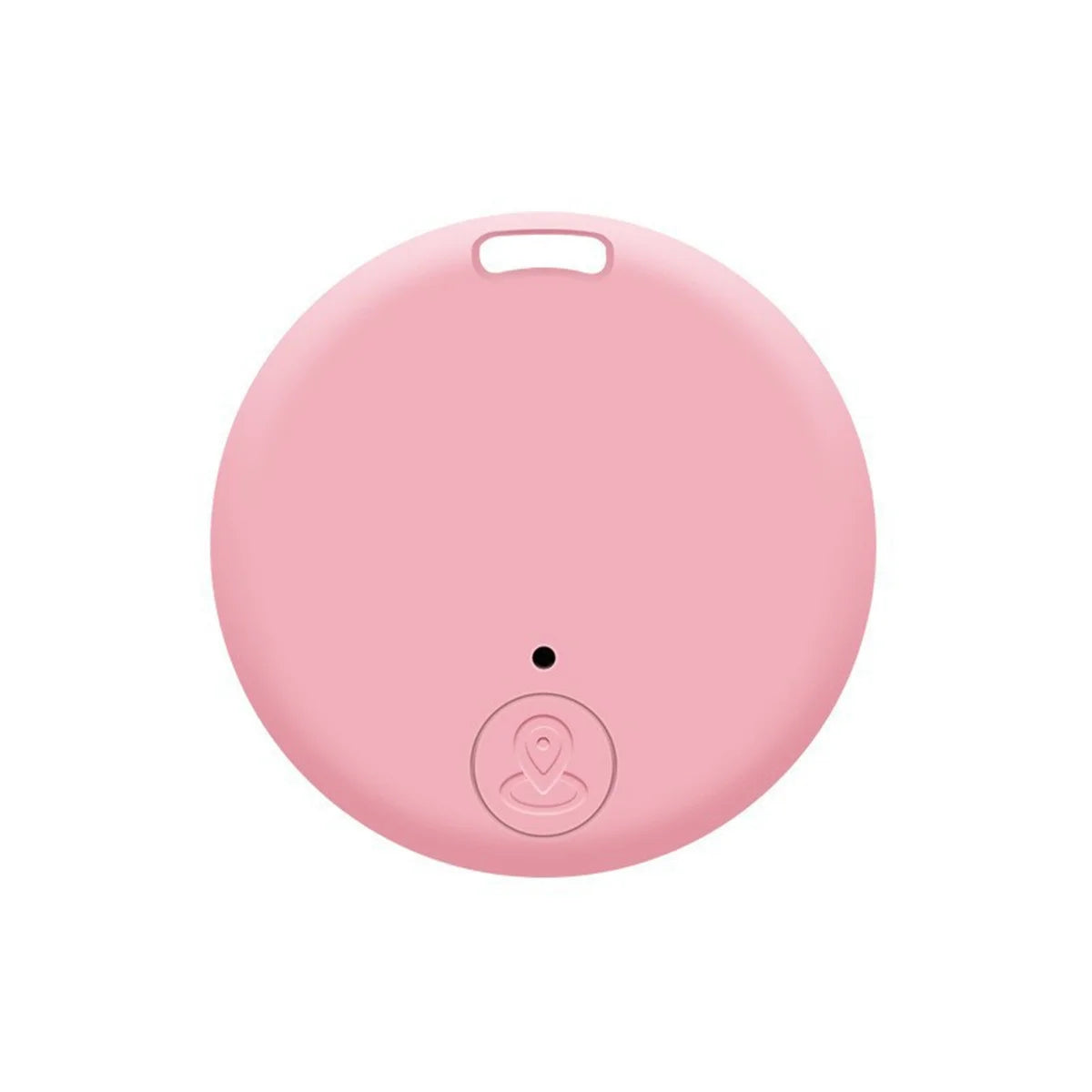The Mini Bluetooth GPS Tracker for pets and kids is a round pink device with a small top hole, etched logo, and smooth minimalistic surface. It offers real-time location tracking against a white background.