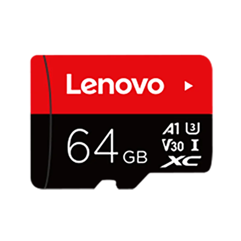 Lenovo microSD card in black and red offers 128GB storage with A1, U3, V30, XC ratings for high-speed data transfer at 100MB/s.
