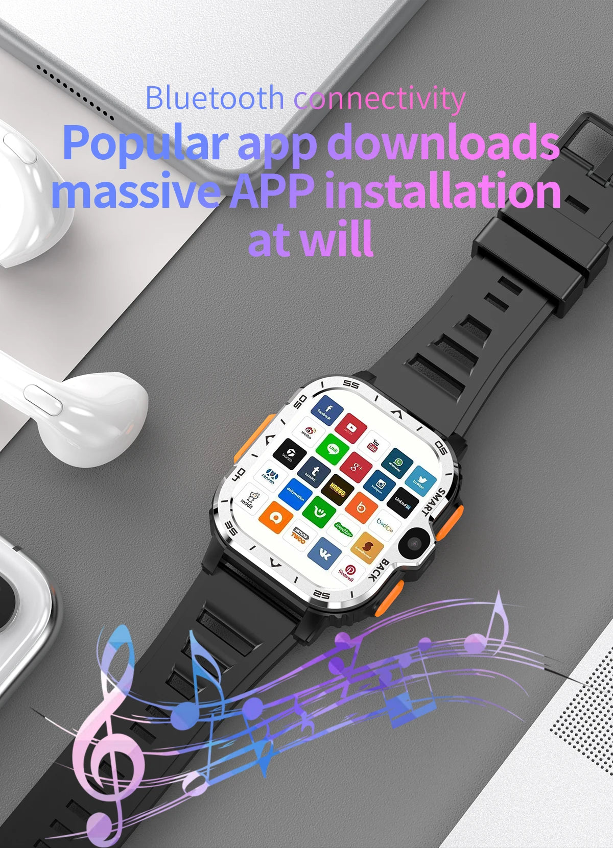 The Valdus PGD Smart Watch for Men, featuring app icons on the screen, lies on a grey surface near white earbuds. Descriptive text highlights Bluetooth connectivity and popular app downloads for vast installation options. Music notes below emphasize its appeal to tech-savvy enthusiasts.