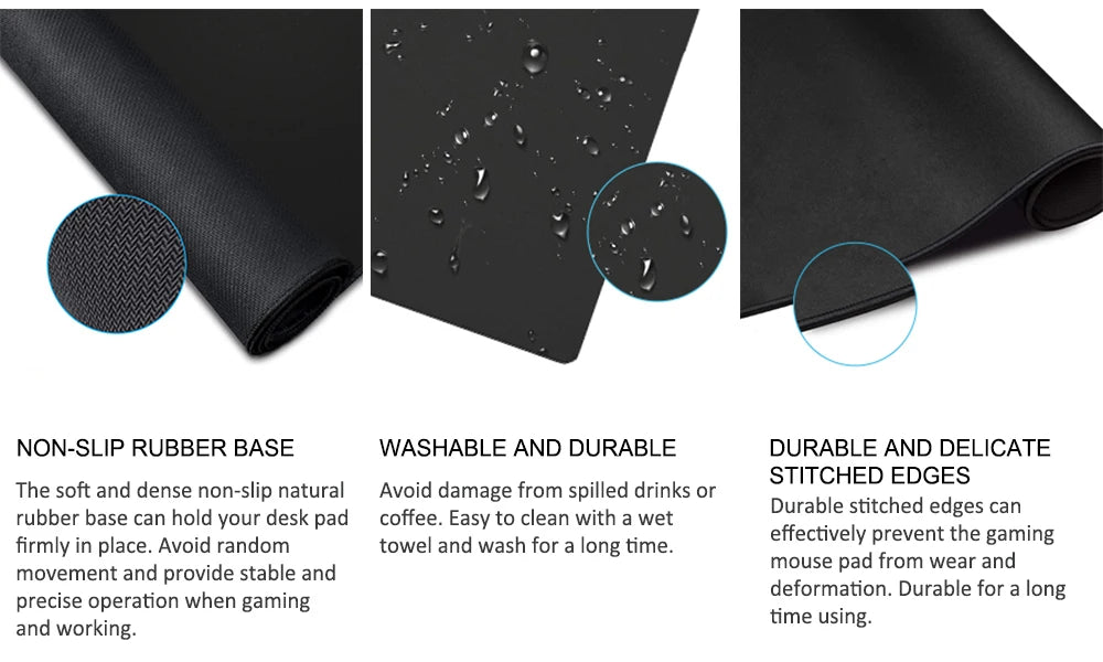 Image of the Ziyoulang Large Mouse Pad 800x300mm: Left shows non-slip rubber base with text, center displays washable and durable pad with water droplets, and right features delicate stitched edges for durability.