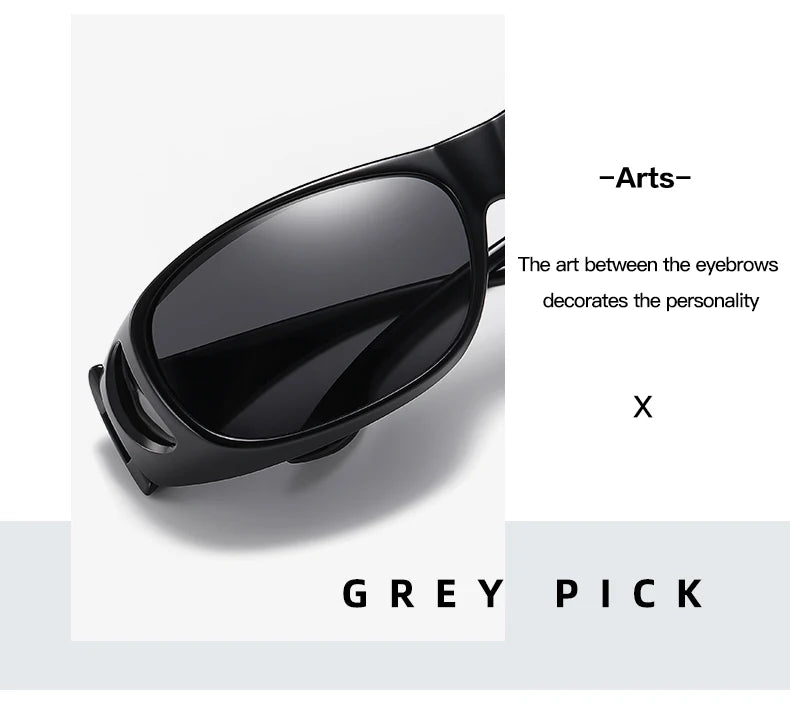 A close-up of black sunglasses with oval lenses on a light backdrop displays the text –Arts– The art between the eyebrows enhances personality X, featuring UV400 Protection. At the bottom, in bold letters, is written GREY PICK, for MOKDUFF Polarized Sunglasses - Fit Over Glasses Comfortably.