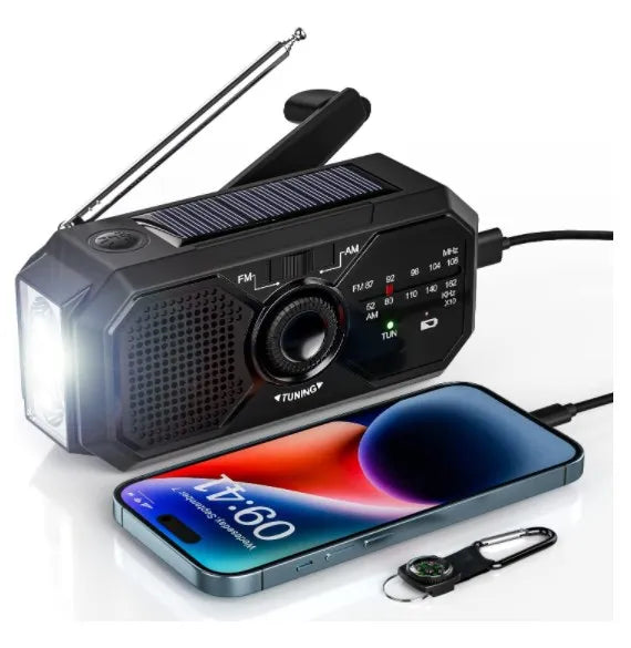 The Sayin Portable Solar Radio with Power Bank & Flashlight is ideal for emergency preparedness, featuring a solar panel, flashlight, smartphone-compatible tuning knobs, AM/FM frequencies display, charging ports for power bank use, and comes with a small compass keychain.