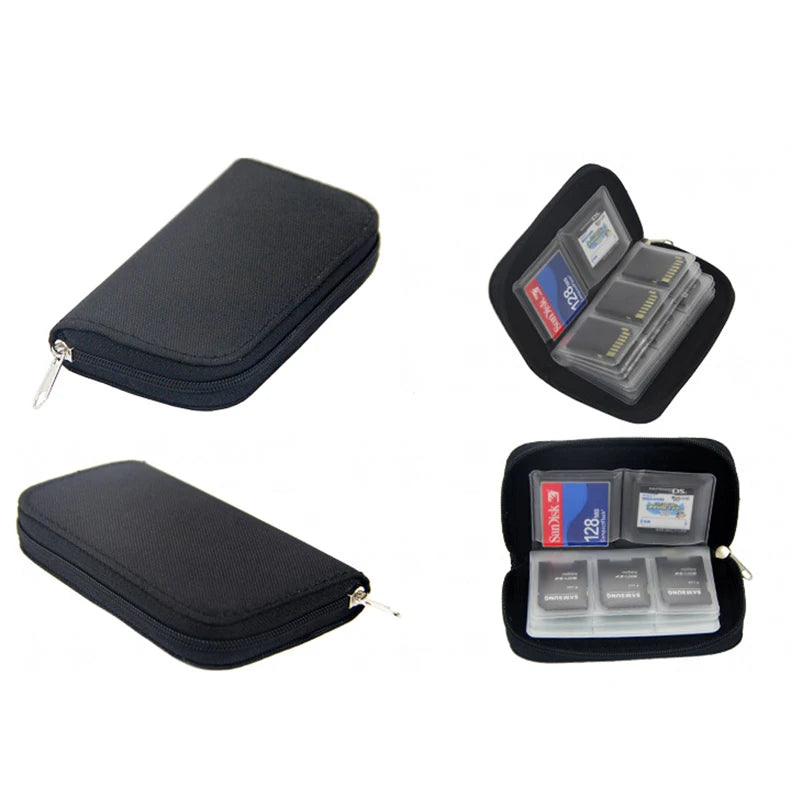The NoEnName Memory Card Collect Bag - 22 Slot Organizer Case, shown open and closed, securely holds multiple SD and microSD cards with its water-repellent black zippered design for organized storage.