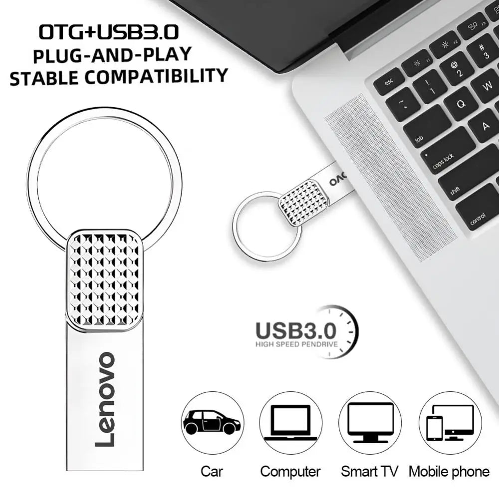 A Lenovo 2TB USB 3.0 OTG Pen Drive is plugged into a laptop, flaunting its sleek keychain design and logo. Icons confirm compatibility with car, computer, smart TV, and mobile phone. The description emphasizes OTG + USB 3.0 features and effortless plug-and-play use of this high-speed metal storage device.