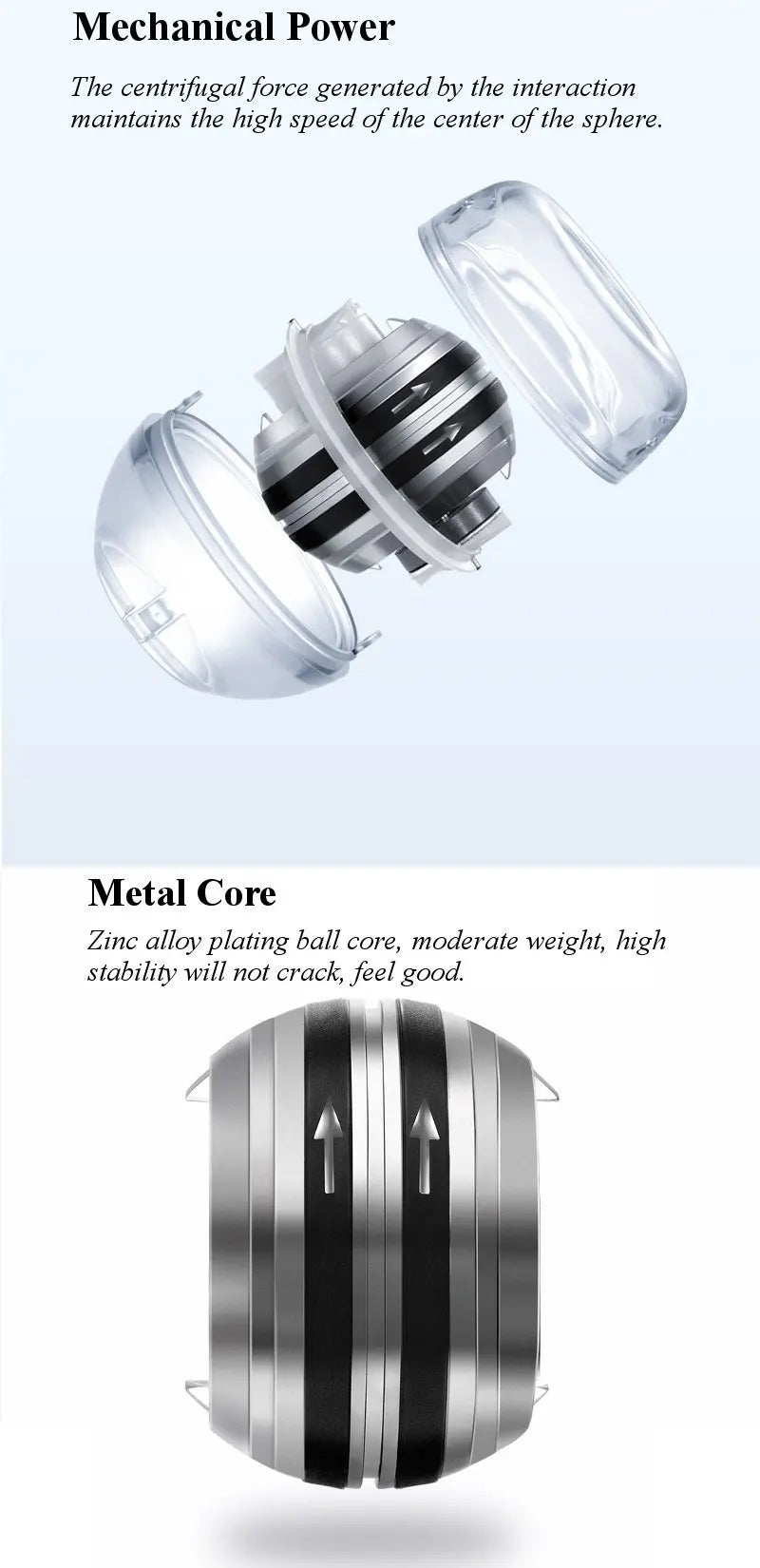 Illustration of the Xiaomi Forearm Exerciser LED Gyroball Trainer with a spherical design, featuring a transparent outer shell and inner components. Displays centrifugal force and metal core. Arrows show movement; text emphasizes stability and feel like the Yunmai Wrist Ball.