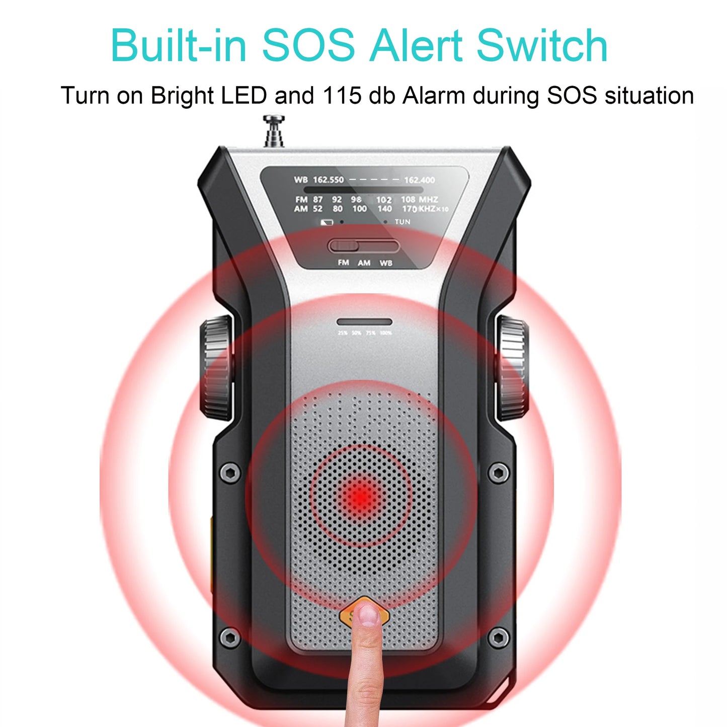 A person presses the SOS alert on a Daykit Solar-Powered Emergency Weather Radio, an essential survival tool. The silver radio emits a bright red signal and features a bright LED and 115 dB alarm for emergencies.