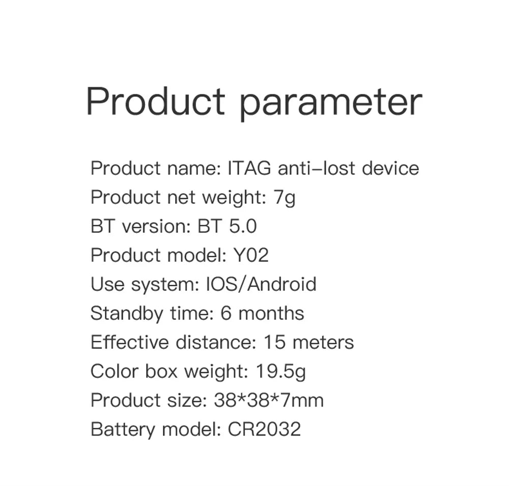 Explore the detailed product parameters for the NoEnName Bluetooth GPS Tracker - Smart Key Finder Device, covering net weight, Bluetooth version, model, compatibility, standby time, effective range, color box weight, size, and battery model.