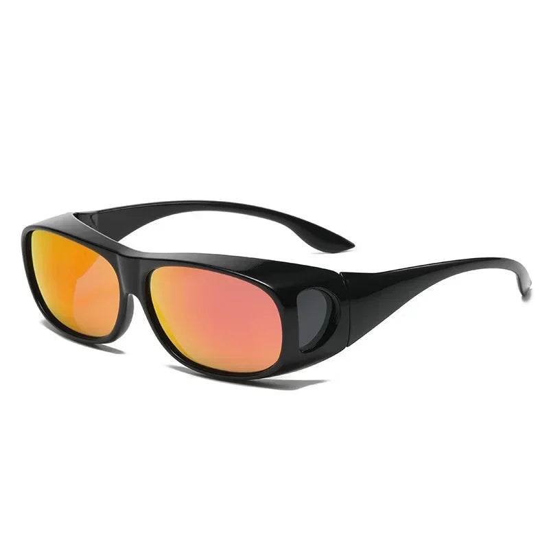 The MOKDUFF Polarized Sunglasses feature sleek black frames with wide temples and oval mirrored lenses in orange and yellow hues, offering UV400 protection for superior eye safety.