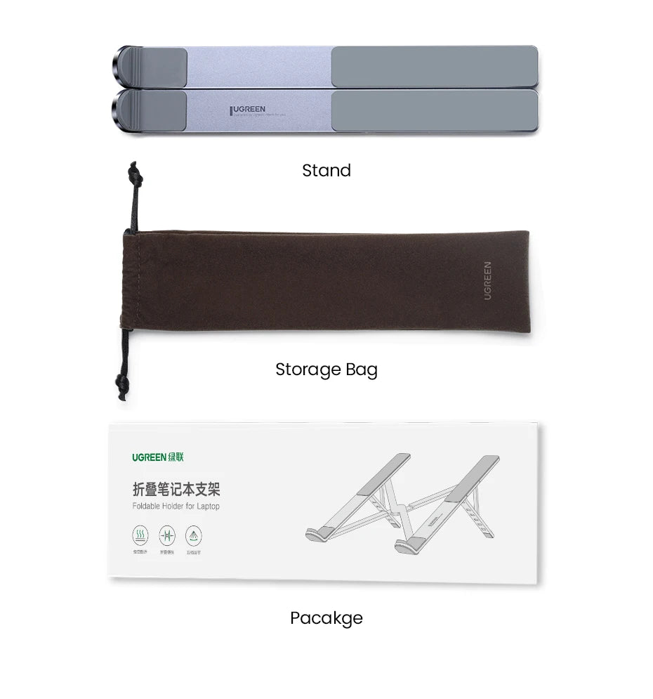 UGREENs Laptop Stand - Adjustable Foldable Aluminum offers a compact, silver design with adjustable height for ergonomic use. It includes a black storage bag and comes in a white box with product illustrations, enhancing your laptop experience.