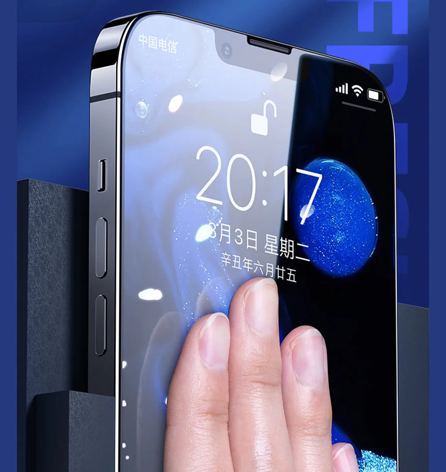 A close-up of a person unlocking their smartphone with a swipe. The screen shows 20:17 and March 3rd, Friday in Chinese, on a blue abstract background. Protected by YKSPACE 2Pcs Anti Blue-Ray Tempered Glass Screen Protector for eye care.