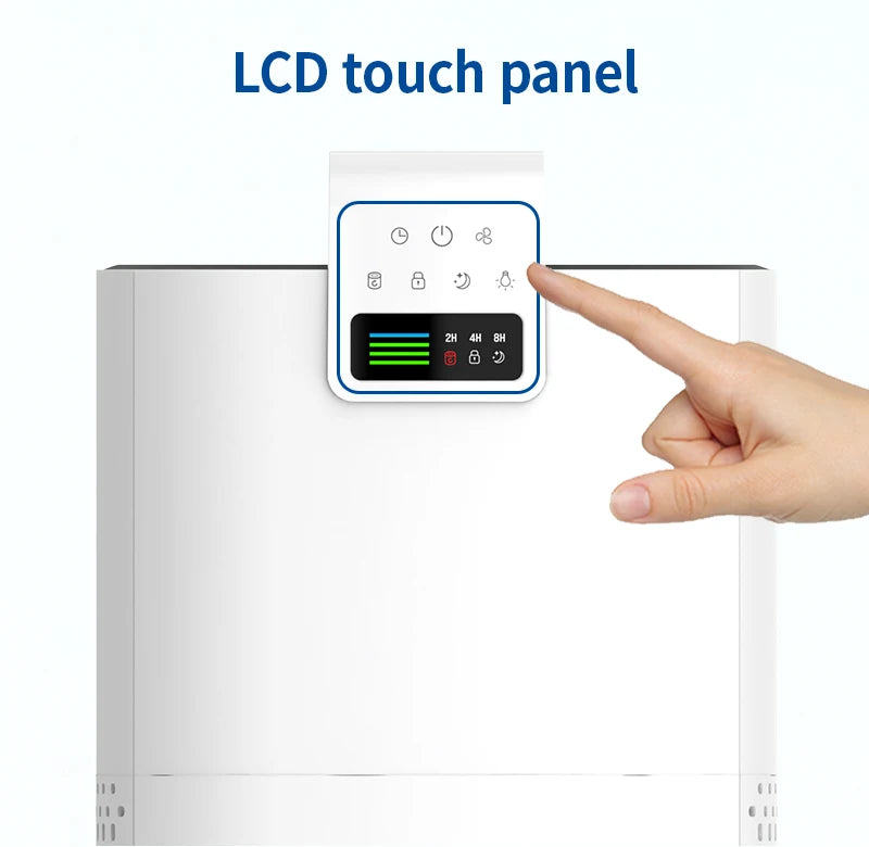 A hand operates the JNUO H13 HEPA Air Purifier for Smoke and Aromatherapy, showcasing an advanced filtration system. The LCD touch panel displays fan speed and timer icons, with a green bar showing status. Text reads, LCD touch panel.