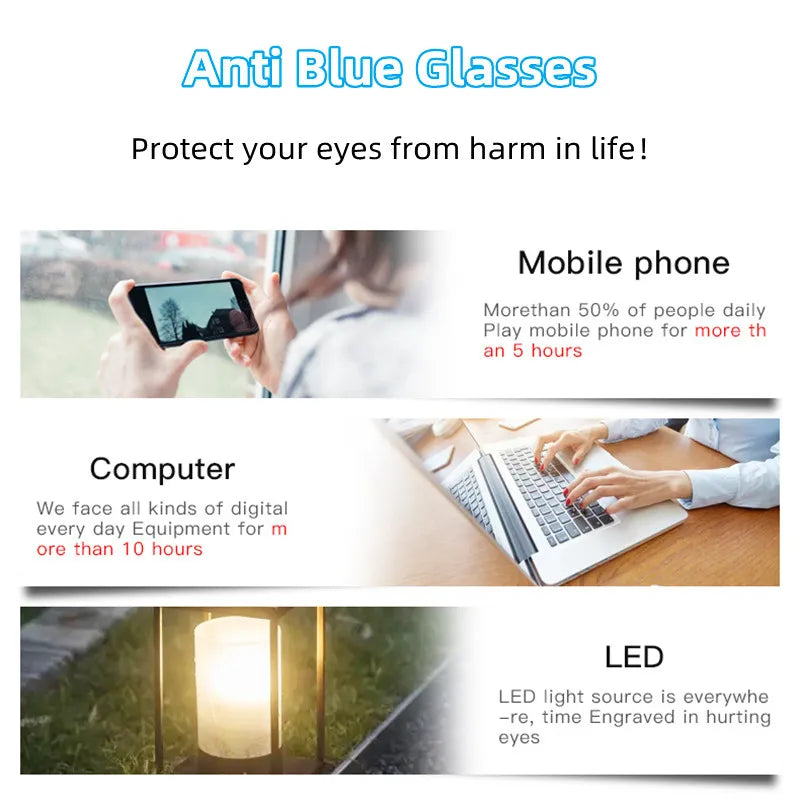 Infographic titled OUTMIX Pure Titanium Anti Blue Light Reading Glasses featuring sections on mobile, computer, and LED use. It highlights prolonged digital exposure. Images include a person on a phone, typing on a laptop, and an LED light source. Enjoy free shipping!.