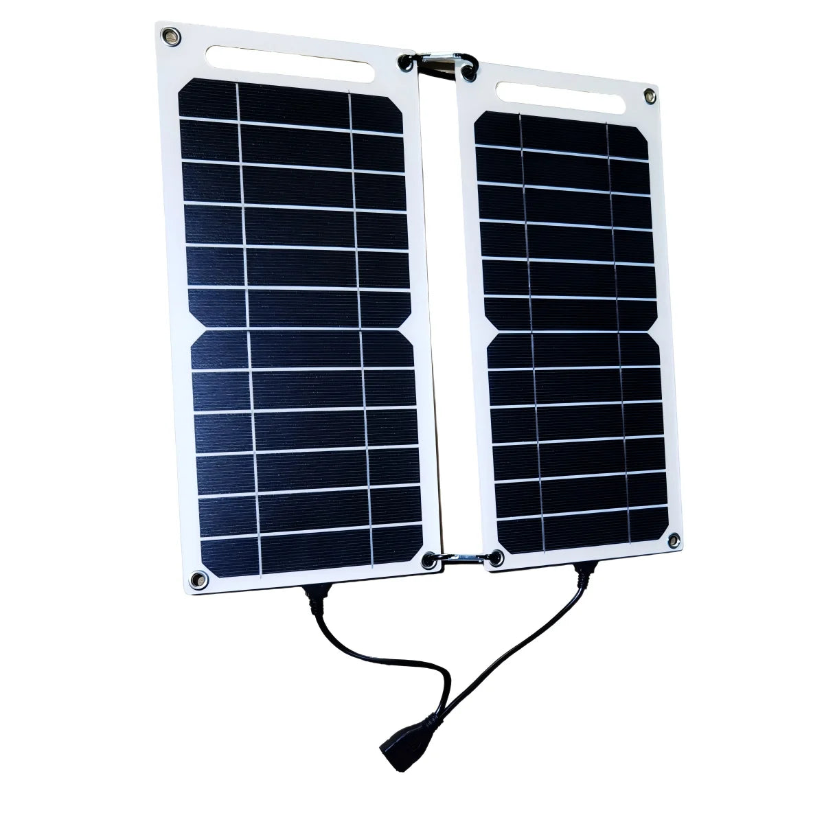 The EESBAO 35W Solar Panel features two foldable rectangular sections with black cells on a white frame and includes a portable USB charger for outdoor camping, along with two cables at the bottom for easy connectivity.