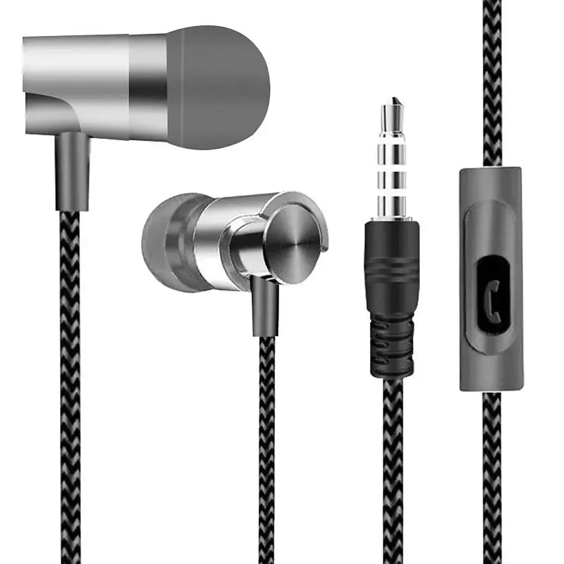 Close-up of VIKEFON Noise Cancelling Wired Earphones, featuring a metallic in-ear design with a braided cable, ergonomic earbuds, a 3.5mm audio jack, and an inline microphone with control button. The modern style highlights the materials and superior sound quality.