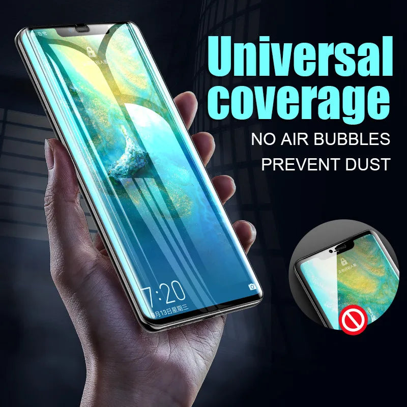 In a dimly lit setting, a hand holds the MAOSENGUOJI Privacy Screen Protector for VIVO IQOO 12 Pro. It offers universal coverage with an anti-blue-ray feature, ensuring no air bubbles or dust, and highlights the phone screens dust-free seal.