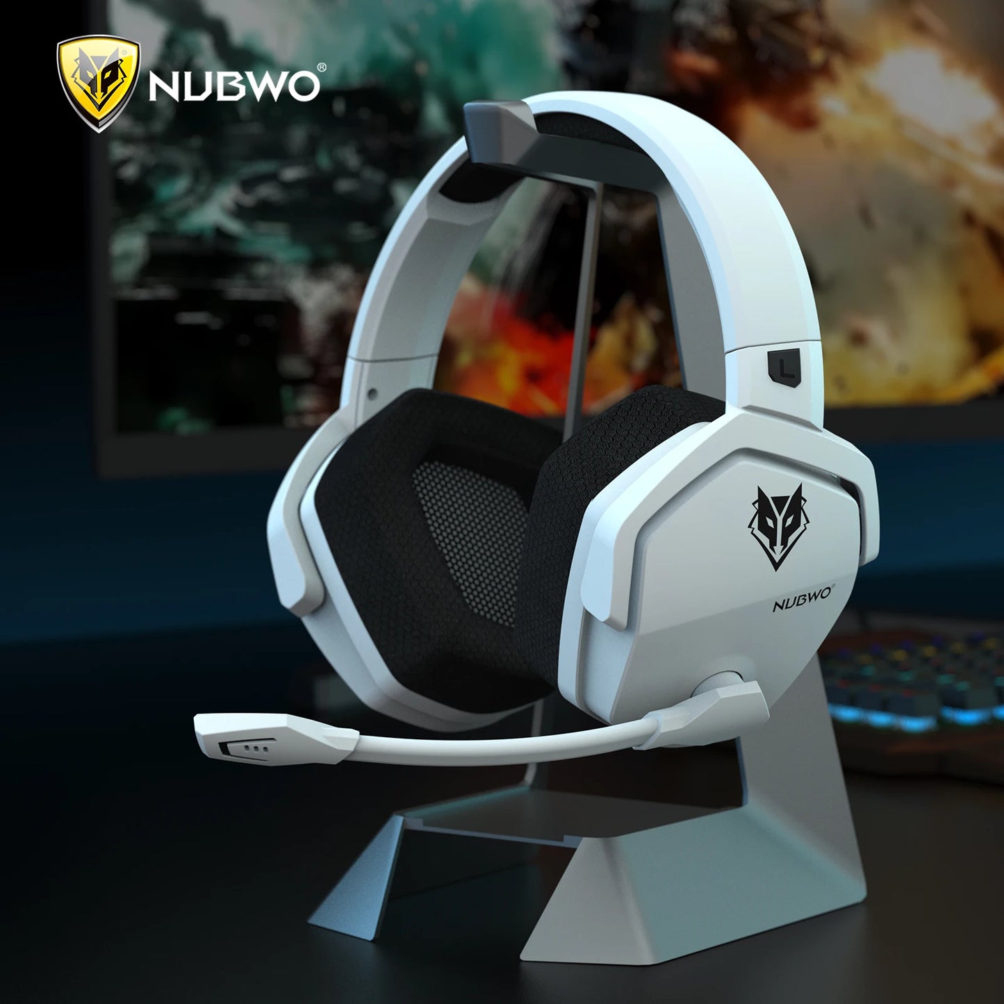The NUBWO G06 Dual Wireless Headset with Active Noise Cancelling rests elegantly on a sleek metal stand. A blurred action scene on the screen enhances immersive gaming with its dynamic ambiance.
