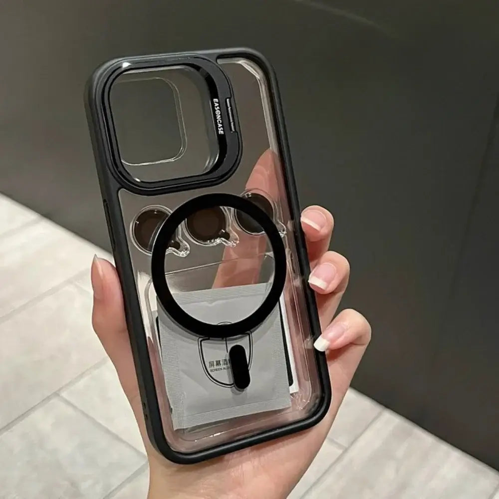 Luxury Magnetic Shockproof iPhone Case with clear back and lens protection held in hand