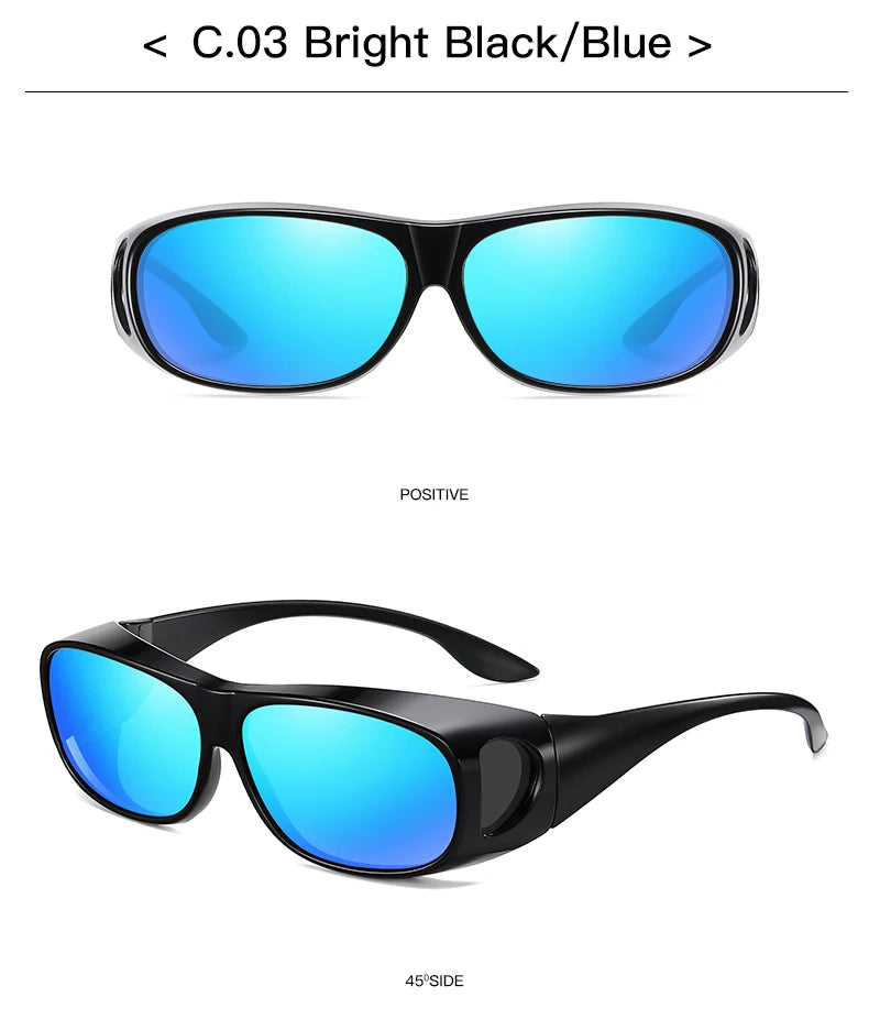 The MOKDUFF Polarized Sunglasses, Fit Over Glasses Comfortably, in C.03 Bright Black/Blue feature glossy black plastic frames and reflective blue lenses. The top image shows the front view, while the bottom image displays a 45-degree side angle. UV400 protection included.