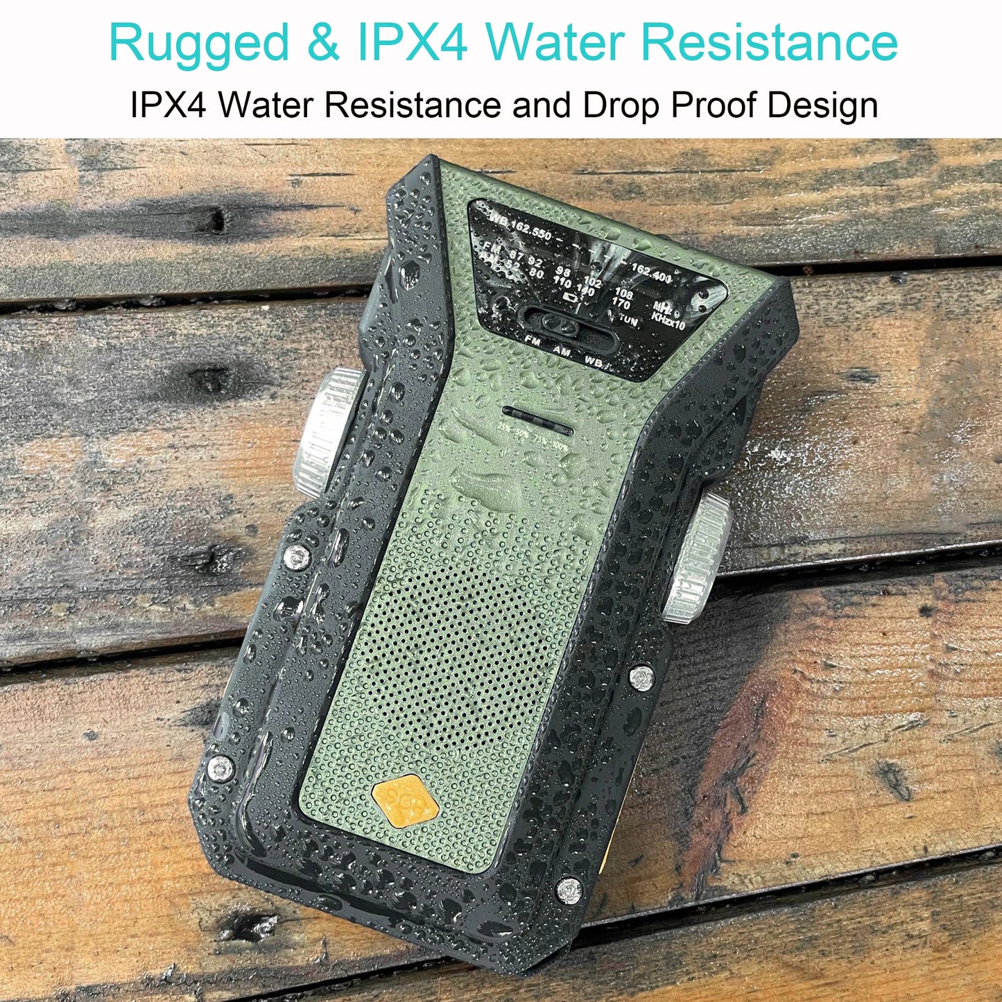 The Daykit Solar-Powered Emergency Weather Radio, set on a wet wooden surface, displays its rugged design. Water droplets accentuate its durability, while large side knobs and a textured exterior highlight its IPX4 water-resistance as essential survival gear.