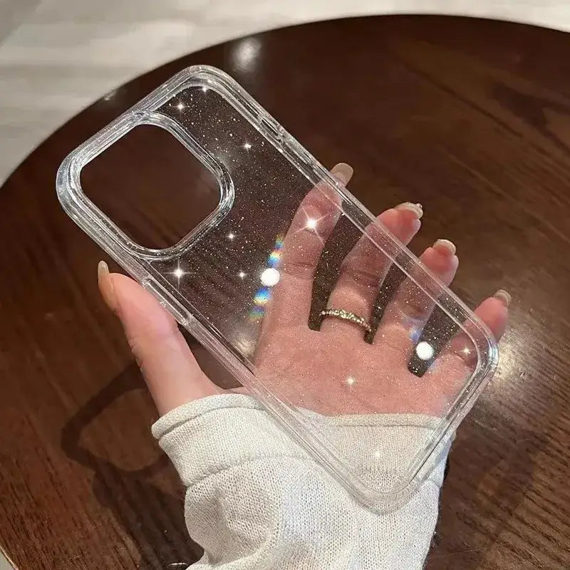 Luxury Bling Glitter Clear Phone Case for iPhone Pro Max with elegant, transparent design and protective soft silicone material.