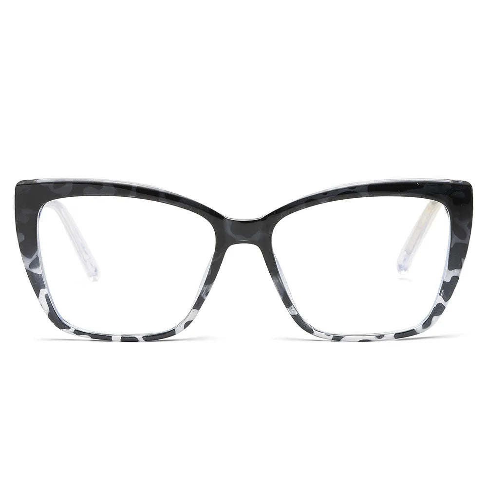 Explore the AABV Womens Cat Eye Bifocal Reading Glasses - Stylish Clarity, featuring a black and white camouflage frame with clear lenses. Their bold, angular cat-eye shape adds a chic and modern touch to bifocal reading glasses or computer prescription readers.