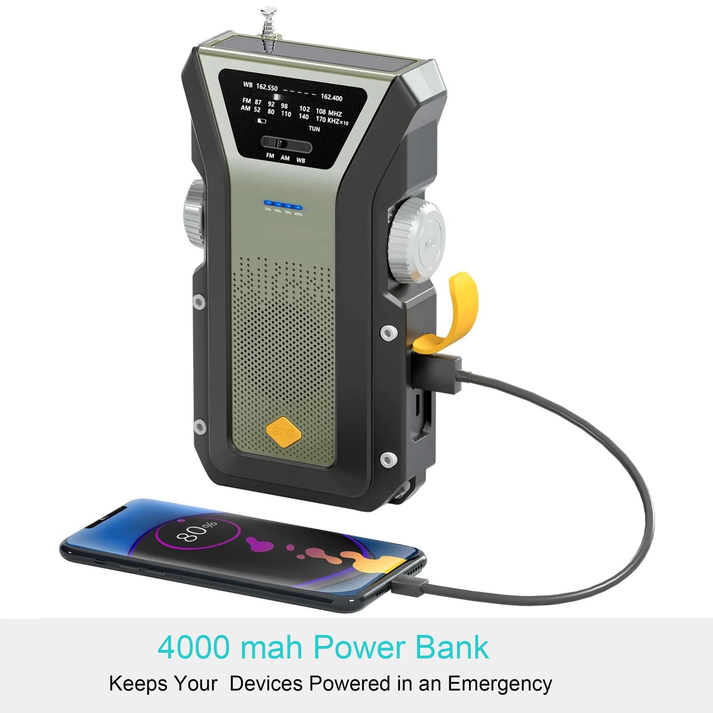 The Daykit Solar-Powered Emergency Weather Radio, with a 4000 mAh portable power bank, charges your smartphone. Its rugged design includes control knobs, a display screen, and a yellow side handle. Ideal for survival gear, it shows a 30% charge to keep devices powered in emergencies.