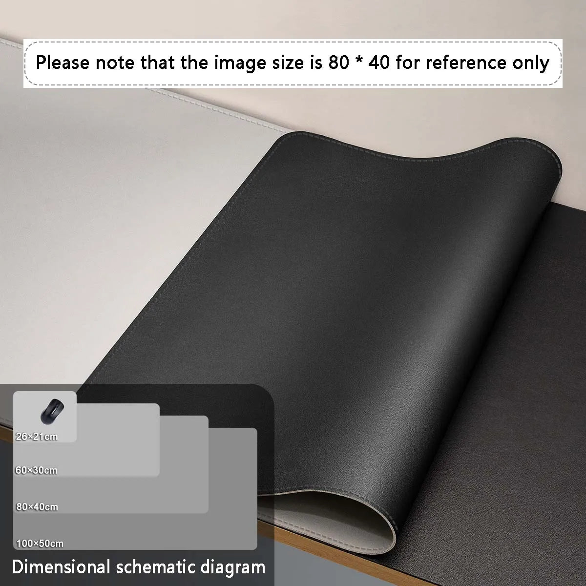 AIPHY Large PU Leather Mouse Pad in black with a curved design is on a light surface. The top notes image size, and an inset at the bottom left shows a diagram of mat sizes from 26x21cm to 100x50cm.