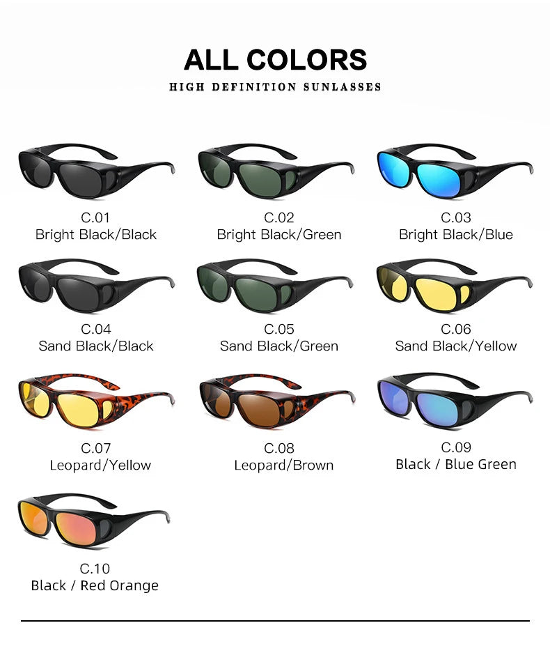 Discover the MOKDUFF Polarized Sunglasses, designed to comfortably fit over glasses. With UV400 protection and a wide selection of lens colors and frame styles, from C.01 Bright Black/Black to C.10 Black/Red Orange, these sunglasses offer both style and safety in every pair.
