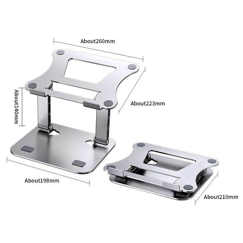 The Adjustable Aluminum Laptop Stand features two durable aluminum holders—one folded at 198mmx210mm, the other unfolded at 260mm. Each stand is ergonomic and portable, with non-slip pads for stability.