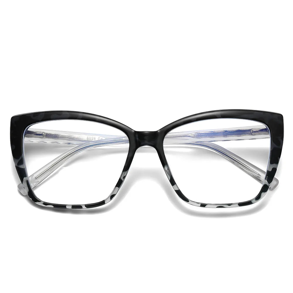 The AABV Womens Cat Eye Bifocal Reading Glasses offer stylish clarity with a wide, rectangular frame in black and white marble pattern and clear temples with a metallic hue for chic computer prescription reading.