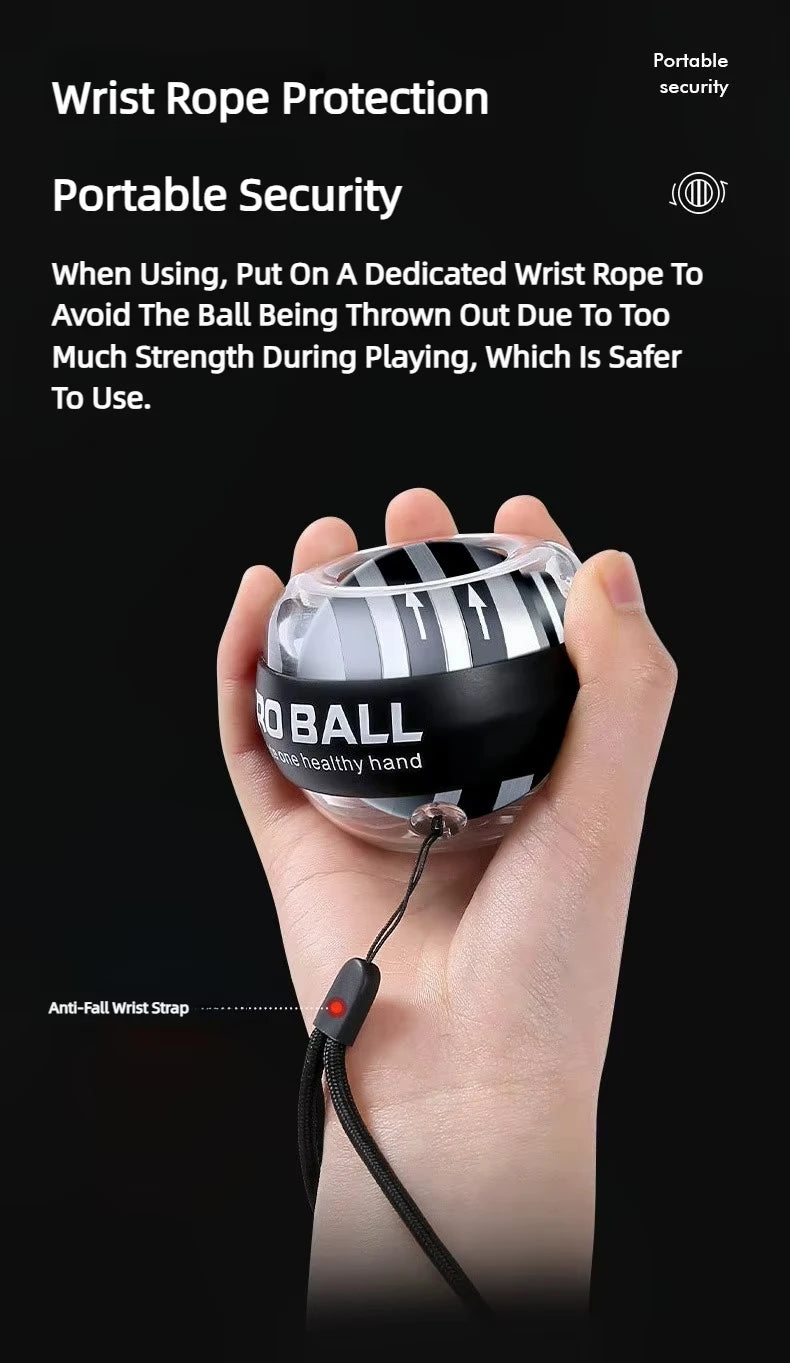 A hand holds the Gyroball Powerball Forearm Muscle Fitness Equipment, featuring a black and white design with BOBALL. It includes an anti-fall wrist strap for security and enhances wrist power, portability, protection, and forearm exercise capabilities.