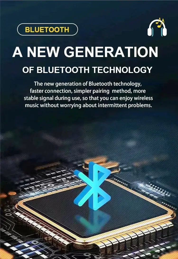 An image shows a Bluetooth icon on a circuit board with text: Experience a New Generation of Bluetooth Technology offering faster connections and stable signals, ideal for seamless wireless music enjoyment or linking to your Portable Dual Microphone Bluetooth Karaoke Machine for Parties.