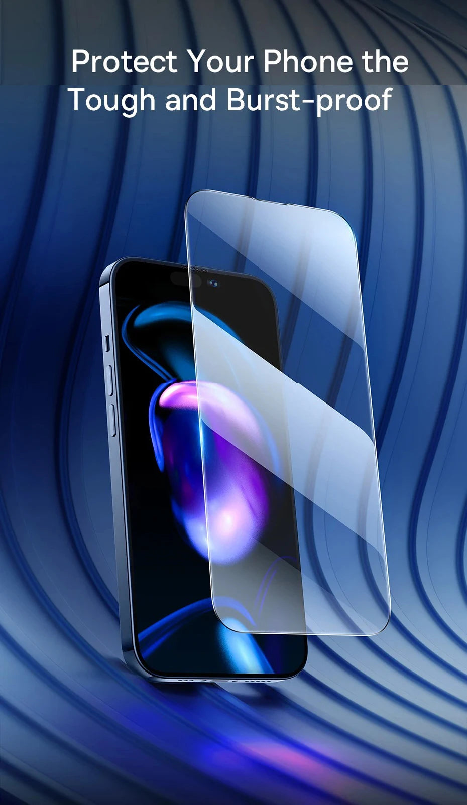 The YKSPACE 2Pcs Anti Blue-Ray Tempered Glass Screen Protector hovers above a vibrant smartphone display, with flowing blue curves highlighting Eye Care Technology and text reading, Protect Your Phone the Tough and Burst-proof.