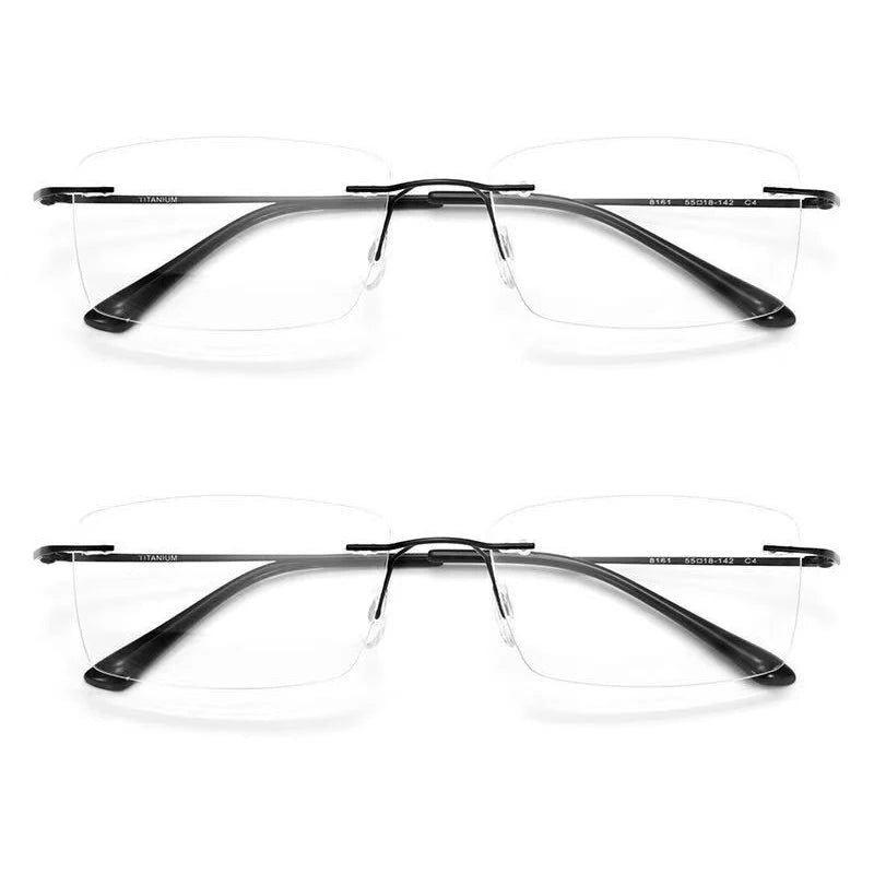 Two pairs of YINSQER Titanium Rimless Reading Glasses with thin black temples, shown top and front on a white background. Features blue light blocking for added eye protection, ideal for reading.