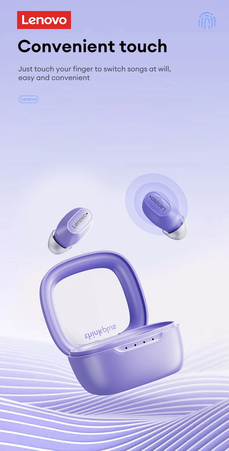 A Lenovo ad features the Lenovo XT62 Bluetooth Earphones with a light purple case. Tagline: Convenient touch, highlighting Bluetooth V5.3 and easy song switching via touch. A fingerprint icon in the corner emphasizes sleek functionality.