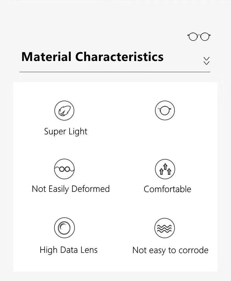 Iconic diagram for OUTMIX Pure Titanium Anti Blue Light Reading Glasses: Super Light, Durable Titanium Frame, Not Easily Deformed, Comfortable with High Data Lens. Features Anti Blue Light and offers Free Shipping.