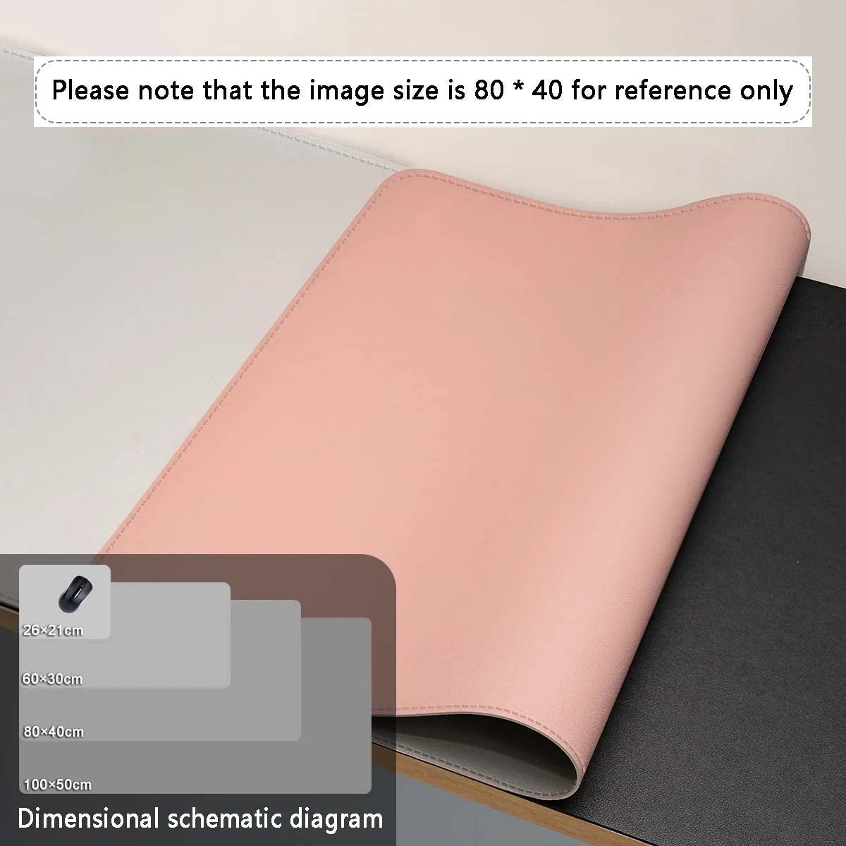 The AIPHY Large PU Leather Mouse Pad in pink is stylishly rolled on a gray and beige surface. A small diagram shows dimensions: 26×21 cm, 60×30 cm, 80×40 cm, and 100×50 cm. Text states image size is 80×40 for reference only.