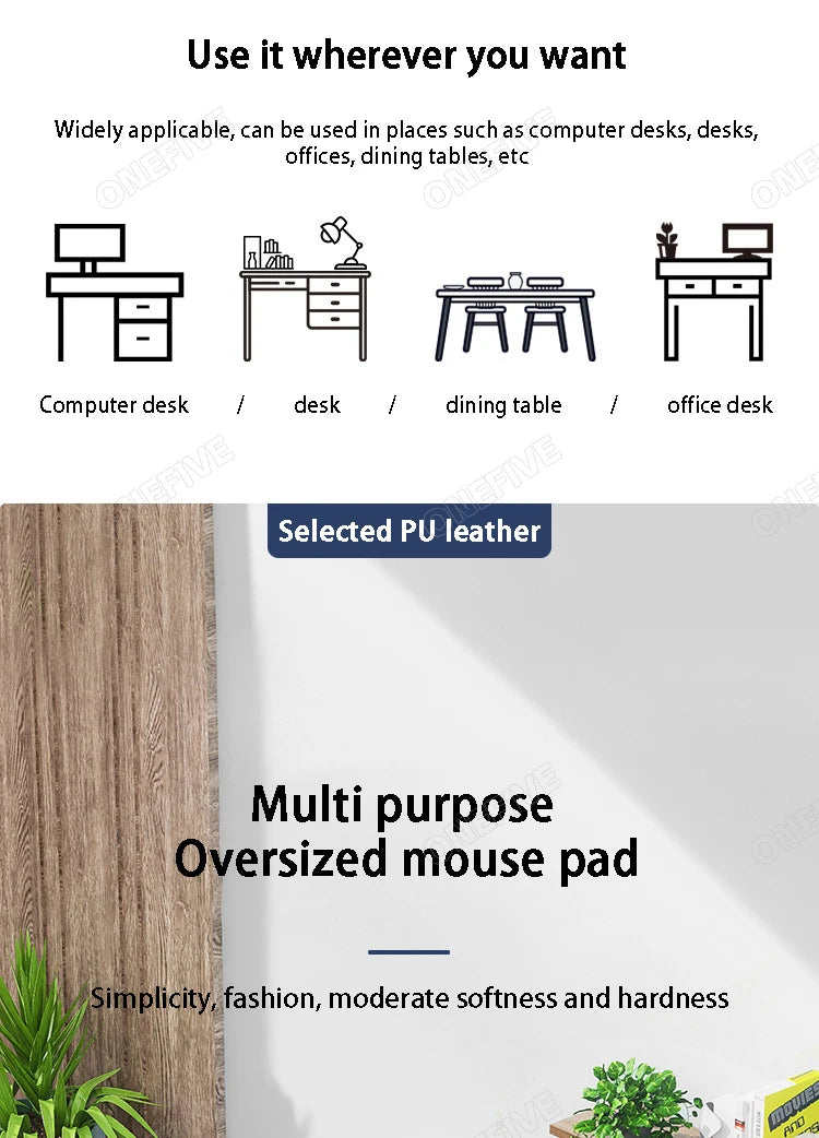 Illustration highlights the versatility of the AIPHY Large PU Leather Mouse Pad as a computer, dining, and office accessory. Features like selected PU leather ensure a stylish waterproof finish, simple design, fashionable look, and moderate softness.