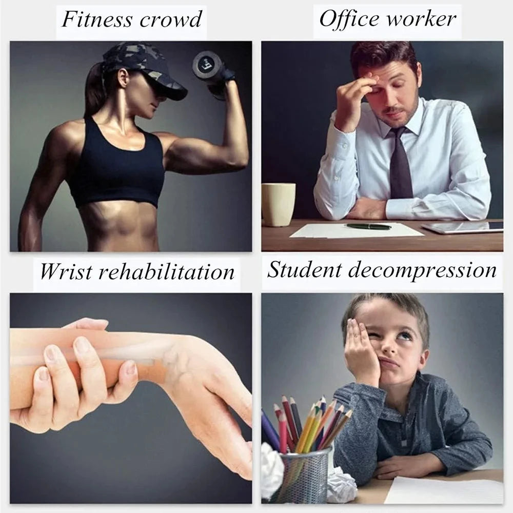 A collage of four images: a woman lifting a dumbbell labeled Fitness Crowd, an office worker with the Self-Starting Gyro Ball for Enhanced Grip Strength labeled Office Worker, a hand holding a wrist for rehabilitation, and a bored boy at a desk using Home Gym Equipment for Student Decompression.