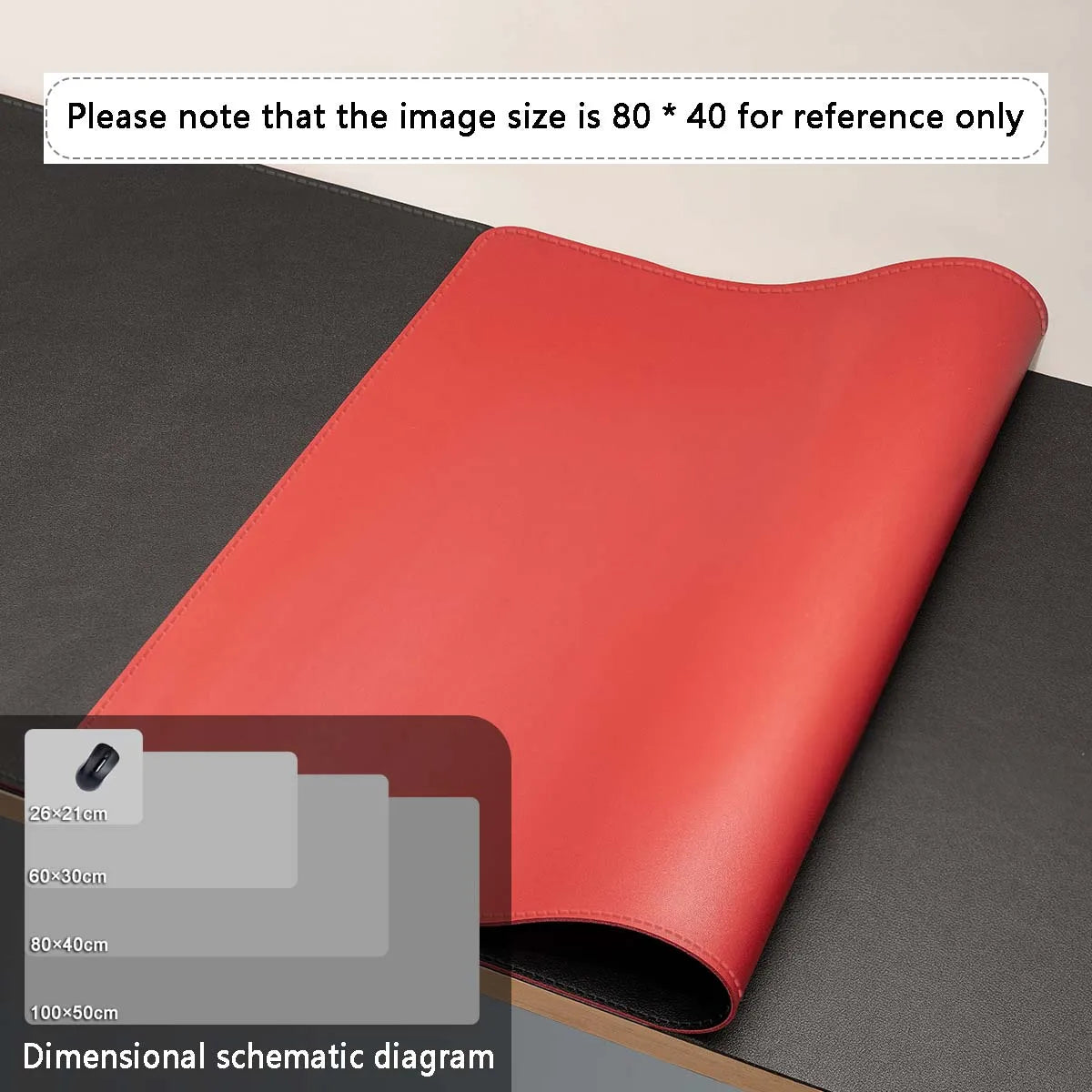 The AIPHY Large PU Leather Mouse Pad, a stylish waterproof mat in red, lies rolled on a sleek black surface. An inset shows size options of 24x21cm, 60x30cm, and the current 80x40cm. This elegant desk mat doubles as a mouse pad for your workspace.