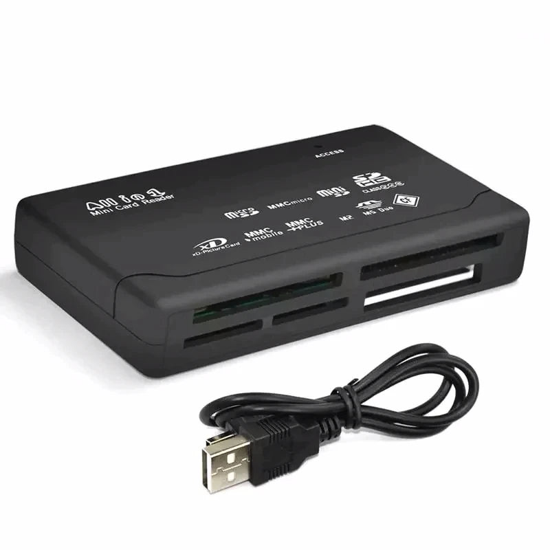 The USB 2.0 Mini Memory Card Reader With Multi-Card Support is a black device with multiple card slots and white labeling on top; a detachable USB 2.0 cable lies in front of it.