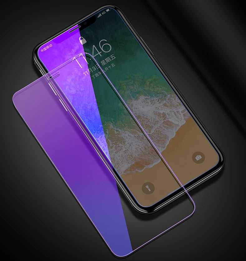 A smartphone displaying a beach wallpaper at 11:46 lies on a dark surface, with a YKSPACE 2Pcs Anti Blue-Ray Tempered Glass Screen Protector partially placed on its edge-to-edge screen.