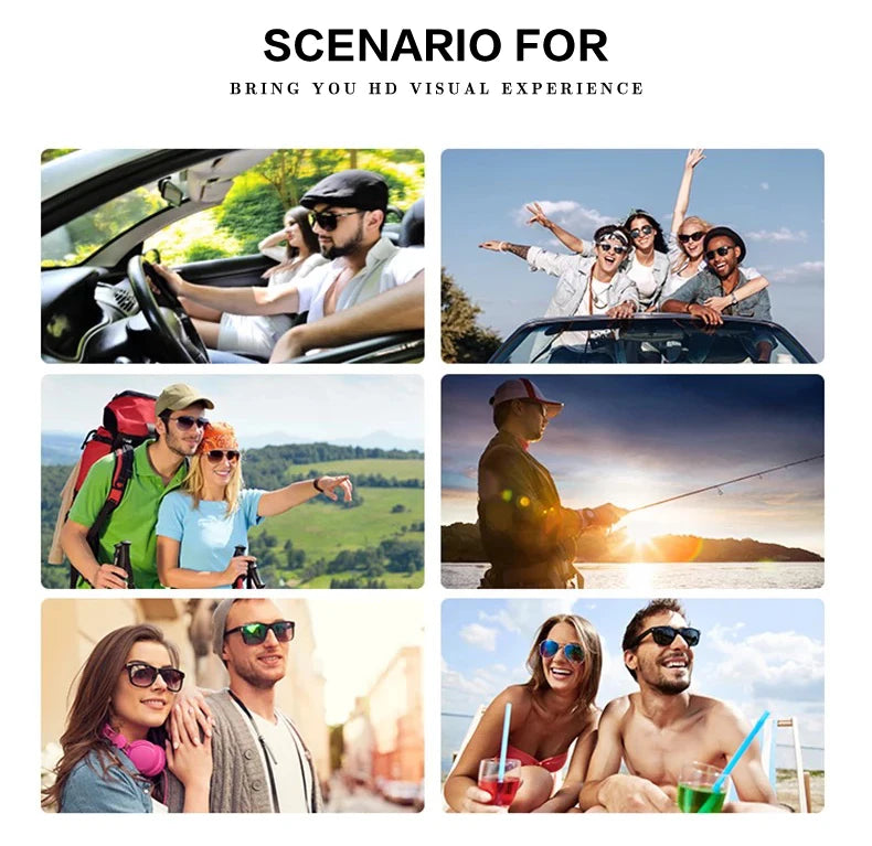 Six images display people engaged in outdoor activities like driving, hiking, and fishing while wearing MOKDUFF Polarized Sunglasses with UV400 protection. Smiling under the sun, they enjoy clear views. Text above reads: Scenario for Bring You HD Visual Experience.