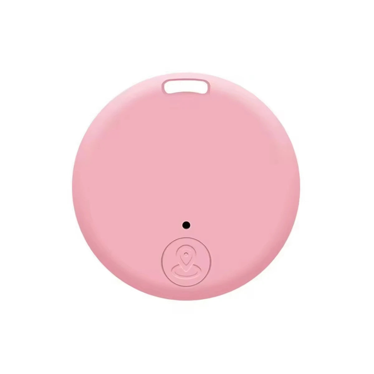 The Mini Bluetooth GPS Tracker in round pink features a wavy line logo at the bottom, a smooth surface, and a small hole with a top cut-out for attachment.
