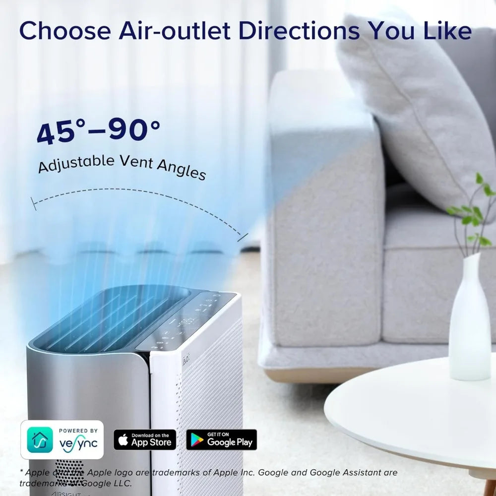 NoEnName Large Room Air Purifier next to a couch is ideal for large spaces with a vent angle of 45–90 degrees. Choose Air-outlet Directions You Like and Improve Air Quality displayed. It includes WiFi Control, powered by Veync, and is available on the App Store and Google Play.