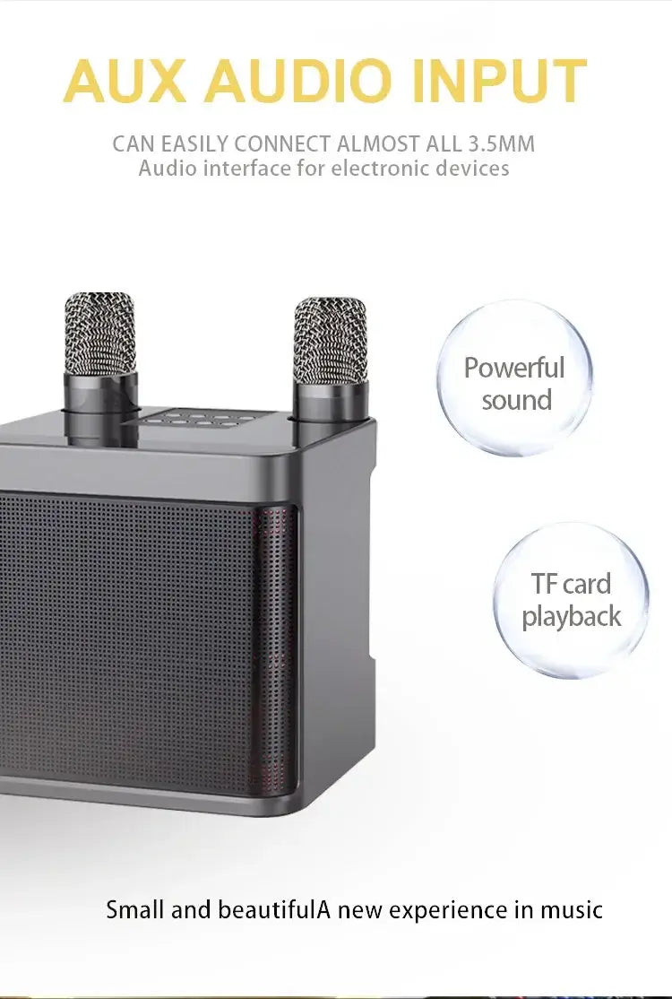 Image of a sleek black Portable Dual Microphone Bluetooth Karaoke Machine for Parties. Text reads AUX Audio Input, boasting powerful sound and TF card playback. Caption: Small and beautiful, a new music experience with Bluetooth Karaoke capabilities.