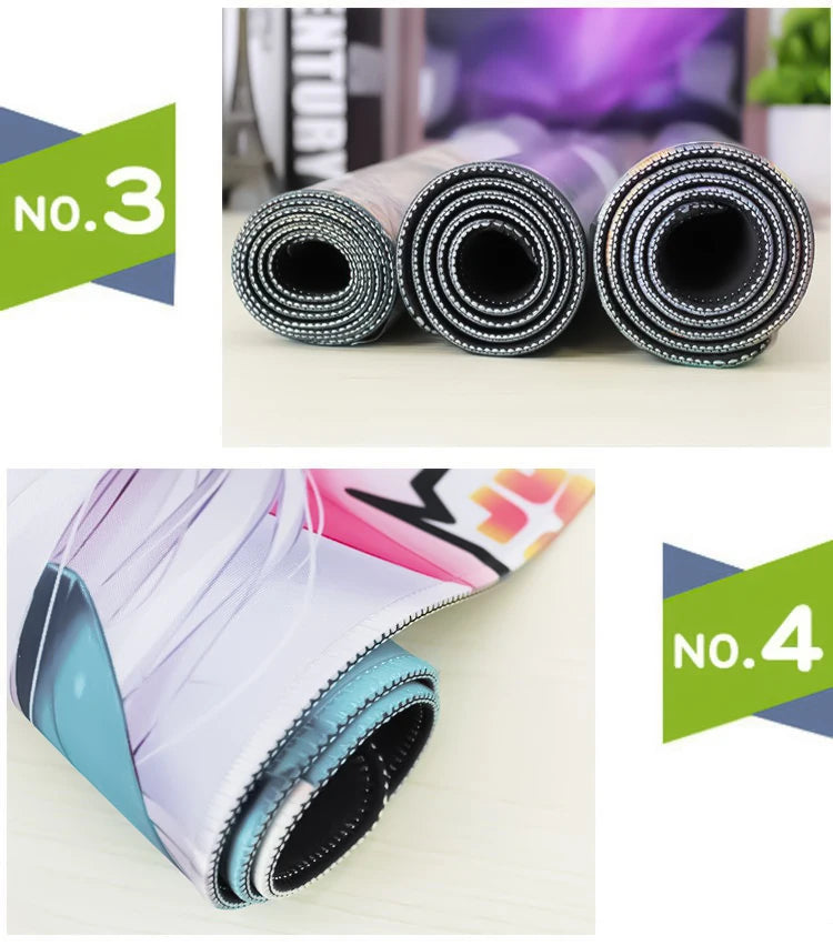 In the top image, three rolled-up yoga mats with a No. 3 label are showcased for their durability, while the bottom image features a non-slip mat labeled No. 4. All mats have vibrant, abstract designs similar to the TWTOWO Sakura XL Mouse Pad - Non-Slip & Durable aesthetic.