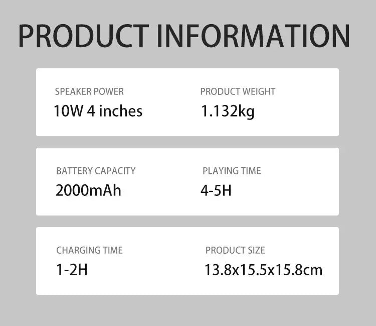 The Portable Dual Microphone Bluetooth Karaoke Machine for Parties includes a 10W speaker, weighs 1.132 kg, and has a 2000mAh battery offering 4-5 hours of fun. Its compact size (13.8x15.5x15.8 cm) makes it travel-friendly with quick recharging in 1-2 hours and supports dual microphones for parties.